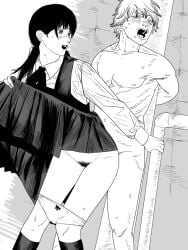 1boy blush chainsaw_man clothes_lift collared_shirt denji_(chainsaw_man) dress dress_lift female female_pubic_hair fourth_east_high_school_uniform fujimoto_tatsuki_(style) greyscale highres implied_sex lifting_own_clothes long_sleeves mitaka_asa monochrome nanami_toga nude open_mouth panties pinafore_dress pole pubic_hair pull_cord rape school_uniform sex sex_from_behind shirt sleeveless sleeveless_dress standing standing_sex straight sweat toned toned_male underwear