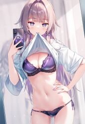 1girls ai_generated daytime hand_on_hip honkai:_star_rail lifting_shirt mirror_selfie panties phone_camera purple_bra purple_eyes purple_hair purple_panties raaicave shirt_lift the_herta_(honkai:_star_rail)