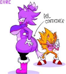 1boy 1girls anthro ass aura bandana big_ass big_breasts blaze_the_cat blaze_the_cat_(om) blush blushing breasts bubble_butt countershade_torso countershading duo embarrassed evil_container evrc female fleetway_comics fleetway_super_sonic flowing_hair furry gem gem_on_forehead hand_on_ass head_tuft heel_boots licking_lips looking_back male meme mobian_(species) outcome_memories poncho purple_body purple_fur red_eyes roblox roblox_game rubbing_hands_together scarf sega side_view sideass sideboob slight_blush sonic_(series) sonic_the_comic sonic_the_hedgehog sonic_the_hedgehog_(series) super_sonic sweatdrop swirly_eyes tail thighhighs underboob wild_hair yellow_body yellow_fur