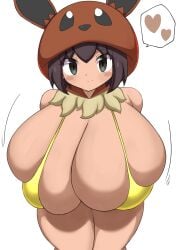 1girls aged_up big_breasts black_hair blush bra breasts breasts_bigger_than_head cleavage clothed clothing creatures_(company) eevee_(cosplay) female female_focus female_only game_freak heart huge_breasts human human_female human_only hyper hyper_breasts jaga334 light-skinned_female light_skin mostly_nude nintendo npc_trainer poke_kid_(pokemon) poke_kid_(pokemon_ss) pokemon pokemon_ss