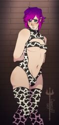 1boy astra_nova_(caeneus13) blue_eyes bulge caeneus13 cow_print femboy freckles kidnapped male nervous nipple_bulge nipples_visible_through_clothing pale_skin purple_hair small_breasts thighhighs