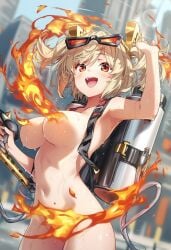 armpit big_breasts burnice_white fire happy_female naked naked_female one_arm_up orange_eyes raaicave sunglasses_on_head zenless_zone_zero