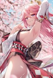 ai_generated armpits ass_peek cherry_blossoms genshin_impact pink_hair raaicave sky_background smile yae_miko