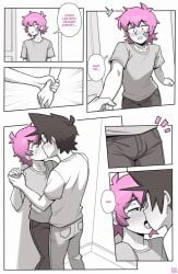 2boys black_and_white bulge bulge_through_clothing comic_page conversation dross greyscale jacob_(dross) kissing male panels pink_hair taylor_(dross)