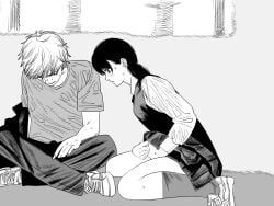 1boy blush bulge chainsaw_man commentary_request denji_(chainsaw_man) dress erection erection_under_clothes female fourth_east_high_school_uniform fujimoto_tatsuki_(style) greyscale highres kneehighs long_sleeves medium_hair mitaka_asa monochrome nanami_toga pants pinafore_dress school_uniform shirt shoes short_hair sleeveless sleeveless_dress socks sweat t-shirt