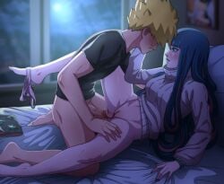 1boy 1girls ada_(boruto) age_difference blush boruto:_two_blue_vortex clothed clothed_sex female imminent_penetration imminent_sex male male/female multicolored_hair naruto naruto_(series) noxdsa smile smiling straight teenage_boy teenager undressing uzumaki_boruto vaginal_penetration