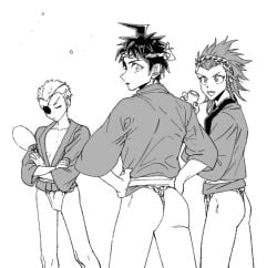 3boys ass ass_focus clothed danganronpa danganronpa_2:_goodbye_despair fundoshi fuyuhiko_kuzuryuu hinata_hajime kazuichi_souda looking_at_viewer looking_back male male_focus male_only partially_clothed souda_kazuichi thong underwear uurin
