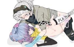 1futa 1girls blue_hair blush breasts closed_eyes clothed clothes_lift cum detached_sleeves female futa_on_female futanari goggles identity_v lying martha_behamfil medium_hair missionary missionary_position multicolored_hair nipples on_back panties panties_around_one_leg pants pants_down pink_panties purple_hair sex small_breasts vera_nair white_hair