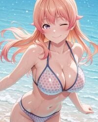 2025 ai_generated anime beach belly dotted_bikini hands_free instagram looking_at_viewer meta mouth_closed not_porn orange_hair pekoillust pink_cheeks purple_eyes smile_at_viewer smiling_at_viewer tummy unknown_character wet_bikini wet_body wet_skin winking_at_viewer
