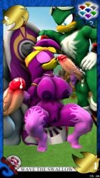 3d 3d_(artwork) anthro anthro_on_anthro anthro_only areolae avian big_breasts blue_eyes breasts female green_feathers grey-yordle grey_feathers headband jet_the_hawk kabalmystic_(style) male mmf_threesome nipples nude nude_female nude_male oral penis precum purple_feathers pussy sega sonic_(series) storm_the_albatross threesome wave_the_swallow