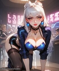absurd_res ai_generated all_fours evelynn female female_pubic_hair hair_bun hair_buns hi_res highres k/da_all_out_evelynn k/da_all_out_series league_of_legends ozziru patreon prostitution pubic_hair self_upload strip_club uncensored white_hair yellow_eyes