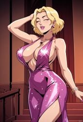1girls ai_generated big_breasts blonde_hair bracelet breasts cleavage closed_eyes creature_commandos dc dc_comics dress earrings evening_gown female female_focus female_only gown hand_behind_head huge_boobs huge_breasts ilana_rostovic jewelry large_boobs large_breasts necklace pink_dress plunging_necklace short_hair solo solo_female solo_focus staircase zupern0va_(manipper)