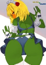 ass ass_focus black_eyes flora_fauna genshin_impact green_skin grey_body noelle_(genshin_impact) nude nude_female orange_face orange_skin plant plant_girl plant_humanoid plantie plants_vs_zombies pvz pvz_2 pvz_heroes solar solar_flare_(pvz) sunflower_(pvz) white_background yellow_hair