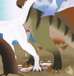 absurd_res anthro bodily_fluids cum cum_inside cum_on_ground cum_on_leg dominant dominant_male dragon duo english_text excessive_cum excessive_genital_fluids female feral fin fish from_behind_position furry genital_fluids genitals hi_res hybrid inflation lil_skrill lyba_the_aquatic_dragon(irisiriska) male male/female marine mythological_creature mythological_scalie mythology nude penetration penis scalie sex tail text vaginal_penetration wings
