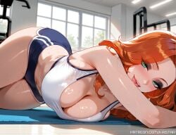 1female 1girls ai_generated ass ass big_ass big_breasts big_breasts big_butt black_eyeshadow breasts breasts cleavage female green_eyes gym gym_clothes gym_uniform huge_ass huge_boobs huge_breasts huge_butt kaistar large_ass large_boobs large_breasts large_butt league_of_legends league_of_legends:_wild_rift light-skinned_female looking_at_viewer lying lying_down lying_on_ground lying_on_side miss_fortune orange_hair patreon red_hair red_nails smile smiling smiling_at_viewer smirk solo solo_female solo_focus tongue tongue_out white_skin