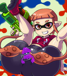 anthro ass big_ass bike_shorts blush breasts cameltoe censored censored_pussy clitoris clothed clothed_female clothing domino_mask erect_clitoris female hair humanoid inkling inkling_girl inkling_squid legs_over_head long_hair nintendo orange_hair pointy_ears prehensile_hair red_eyes shooter shooter_(splatoon) shorts simple_background small_breasts smile spats splatoon splattershot spread_legs spread_pussy spread_pussy_under_clothes spreading squid sweat teeth tentacle tentacle_hair tied_hair twintails