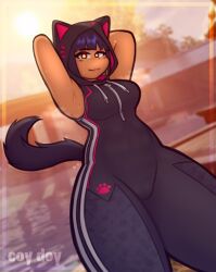 abs agata_(fortnite) armpits arms_behind_head athletic athletic_female bodysuit cameltoe cat_ears cat_hood cat_tail child_bearing_hips coy_doy curvy cute eye_contact fortnite seductive seductive_look smile smug sweat sweating sweaty sweaty_armpits tail tan-skinned_female thick_thighs voluptuous
