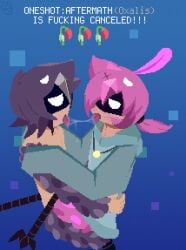 1boy 1boy1girl 1girls 2d artist_signature beak blush burnt_pixels corvus_(oneshot_aftermath) english_text feathered_wings feathers female hoodie_only implied_sex incest incest_(lore) kissing male meme oneshot oneshot_aftermath pink_hair purple_hair saliva saliva_string saliva_trail shitpost siblings straddling tagme teridae_(oneshot_aftermath) text
