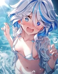 ai_generated blue_hair blush embarrassed_female furina_(genshin_impact) genshin_impact loose_bikini ocean_background painted_nails raaicave small_breasts white_hair