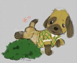 2025 ambiguous_gender animal_crossing anthro bodily_fluids brown_markings canid canine canis chibi clothing collared_shirt digital_media_(artwork) domestic_dog eyebrows flower front_view fur genital_fluids geometric_background gloves_(marking) goldie_(animal_crossing) grid_background half-closed_eyes head_tuft hi_res leg_markings lying mammal markings narrowed_eyes nintendo on_side open_mouth pattern_background peeing plant raised_hand raised_leg raised_tail shirt shrub simple_background socks_(marking) solo spots spotted_markings steam sweat tail topwear truemew tuft urine watersports yellow_body yellow_fur