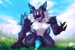abs animal_genitalia anthro aura balls bara big_penis bodily_fluids canid canine canine_genitalia canine_penis claws erection fangs field fluffy fluffy_tail fuzzy_balls gay genital_fluids genitals grass grass_field kneeling knot knotted_penis licking looking_at_viewer male male_only mammal mythological_canine mythological_creature mythology pecs penis plant precum prowler prowling purple_eyes rexxy_(pipinosgr) sheath solo tail teeth tongue werecanid werecanine werecreature werewolf wolf yellow_eyes yukitashi