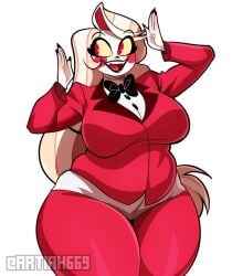 1girls artiah669 artist_name big_breasts black_bowtie black_lipstick blonde_hair blush_stickers bowtie breasts charlie_morningstar_(hazbin_hotel) chubby chubby_female curvy fat fat_woman female fleshpie669 happy hazbin_hotel large_breasts long_hair open_mouth pants plump red_eyes red_pants red_pupils red_suit smile solo suit thick_thighs wide_hips yellow_eyes yellow_sclera