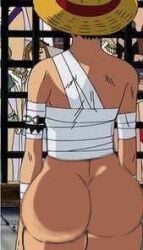 1boy bamboopineapple bare_ass fat_ass female femboy male male_focus monkey_d_luffy nude one_piece screenshot_edit tape thick_ass thick_thighs
