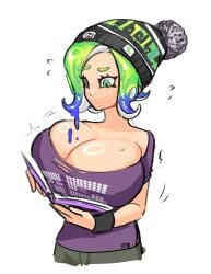 1girls beanie book breasts cleavage female green_hair large_breasts meme mev_(mevlingo) nintendo no_bra no_bra_under_clothes norishiitsu ouch_meme purple_shirt shirt solo splatoon splatoon_2 splatoon_3 sweat tentacle_hair