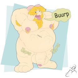 1:1 absurd_res anthro asgore_dreemurr balls blonde_hair body_hair boss_monster_(undertale) bovid caprine digestion english_text fur genitals goat hair hi_res jon_noj long_ears male mammal nipple_piercing nipples piercing solo text tongue undertale undertale_(series) vore white_body white_fur