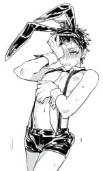 blush bunny_ears covering_face danganronpa danganronpa_2:_goodbye_despair hand_on_face hinata_hajime male male_focus male_only nipples shirtless shirtless_male short_shorts shorts slutty_clothes solo solo_focus solo_male suspenders tie uurin