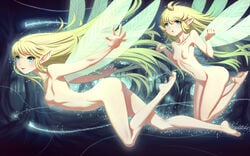 2girls :o blonde_hair breasts fairy fairy_wings flying forest green_eyes highres long_hair multiple_girls nature navel nipples nude open_eyes open_mouth original perky_breasts pointy_ears revision tree very_long_hair wings youbou