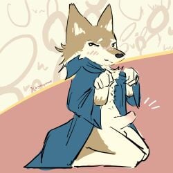 1:1 anthro balls blush blush_lines brown_body brown_fur canid canine canis character_request chest_tuft digital_media_(artwork) fur genitals godforgiveme4 hi_res male mammal multicolored_body multicolored_fur nude penis presenting simple_background smile solo steam_(software) tuft two_tone_body two_tone_fur valve watermark white_body wolf
