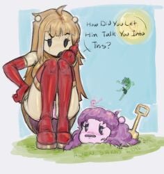 alien alien_girl aliens antennae artist_request ass beach crouching nebula_(naq) nebula_and_quasar nova_(naq) panties purple_hair quasar_(naq) red_boots unnamed_bunny_girl_(naq) yellow_hair