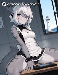 1girls ai_generated animal_ears apron black_panties blue_eyes breasts cameltoe changed_(video_game) clothing_cutout dress facial_mark female fins fish_tail furry furry_female grey_hair handheld_game_console holding_handheld_game_console indoors lighthouse maid maid_apron maid_headdress medium_breasts meevow nintendo_switch oerba_yun_fang panties patreon_username shark shark_girl shark_tail short_hair sitting smile solo spread_legs tail underwear white_apron wrist_cuffs