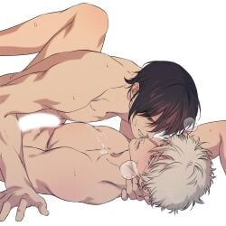2boys anal anal_sex breath censored completely_nude cum cum_on_body dark_purple_hair gay gintama gintoki_sakata implied_anal male male_only muscular muscular_male nude on_back purple_hair socincol sweat takasugi_shinsuke tears white_hair yaoi