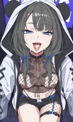 1girls blue_eyes cum cum_in_mouth dark_nipples facial grey_hair gyaru hoodie meme2112 open_mouth original_character tongue