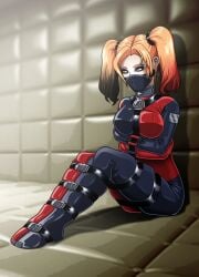 bondage bound collared dc_comics harley_quinn muzzle_(object) muzzle_gag muzzled padded_cell padded_room re-maker straitjacket twintails
