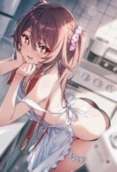 1female 1girls ai_generated apron apron_only black_panties brown_hair curvy_ass daytime female genshin_impact hu_tao_(genshin_impact) kitchen_appliance kitchen_background leaning_forward petite raaicave wife