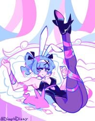 big_ass big_breasts blue_eyes blue_hair bunny_ears bunny_girl bunny_tail bunnysuit hatsune_miku heart pillow pink_eyes pink_hair purple_hair rabbit_hole_(vocaloid) ribbon smartphone smile stuffed_toy thighs twintails vocaloid