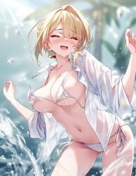 arms_up big_breasts bikini blonde_hair curvy_body curvy_female curvy_figure evelyn_chevalier happy_female palm_tree raaicave thighs white_bikini zenless_zone_zero