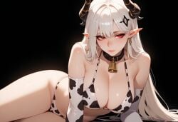 ai_generated arknights cleavage cow_print hexd horns large_breasts lying_on_stomach mudrock_(arknights) posing red_eyes thighs thighs_together white_hair
