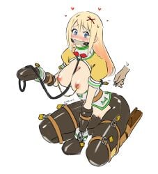 aqua_(konosuba) ballet_boots bdsm_gear bdsm_outfit big_breasts bit_gag bondage bondage bondage_mittens broken_key chained_nipples cuffs darkness_(konosuba) eudetenis exposed_breasts exposed_pussy gag gagged kono_subarashii_sekai_ni_shukufuku_wo! latex latex_clothing legbinder nipple_piercing padlock petplay posture_collar puppyplay