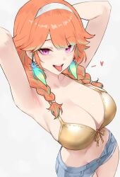 1girls arms_up bikini bluefield breasts cleavage gold_bikini hololive hololive_english looking_at_viewer orange_hair purple_eyes shorts solo takanashi_kiara tongue_out virtual_youtuber