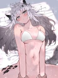 1boy 2025 animal_ears arknights bikini blush bottomless breasts collarbone female grey_eyes grey_hair groin hi_res holding_another's_wrist implied_sex kyuu_(plastic_night_q) lappland_(arknights) long_hair looking_at_viewer lying male material_growth medium_breasts navel on_back oripathy_lesion_(arknights) out-of-frame_censoring sideboob solo_focus stomach straight sweat swimsuit tail underboob white_bikini