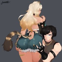 animal_ears animal_tail ass ass ass_focus back_view big_ass big_butt big_thighs butt_focus comission female genshin_impact leopard_tail long_hair mihoyo original original_character sumasuvt xilonen_(genshin_impact) yellow_hair