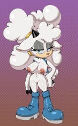anthro archie_comics areola big_breasts big_hair black_horn blue_boots blue_clothing blue_eyes blue_footwear blue_sclera blue_topwear blue_vest boots bottomless bovid breasts caprine chest_tuft clothed clothing cosplay dipstick_fingers ears_down eyeshadow female footwear front_view fur genitals grey_eyeshadow guillion hair hi_res horn idw_publishing lanolin_the_sheep lanolin_the_sheep_(sonic) looking_at_viewer makeup mammal navel nipples open_clothing open_topwear pattern_background pink_areola pink_nipples pink_nose pivoted_ears purple_background pussy sally_acorn sally_acorn_(cosplay) sega sheep shoes simple_background solo sonic_the_hedgehog_(archie) sonic_the_hedgehog_(comics) sonic_the_hedgehog_(idw) sonic_the_hedgehog_(series) tan_body tan_fur thick_thighs topwear tuft vest white_body white_fur white_hair wide_hips