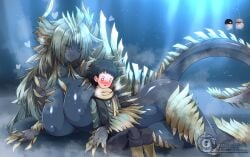 1boy anthro anthro_on_human anthro_on_male breasts claws clothed clothed_male clothed_male_nude_female clothing dark-skinned_female dark_skin dragon_girl dragon_tail female female_anthro furry furry_female genesis1556 heart heart_symbol huge_breasts human human_male human_male_on_anthro_female human_on_anthro humanized jin_dahaad large_breasts larger_anthro larger_female light-skinned_male light_skin male male/female male_human/female_anthro male_on_anthro monster_girl monster_hunter monster_hunter_wilds naked naked_female nata_(monster_hunter_wilds) nipples nude nude_female size_difference smaller_human smaller_male tail