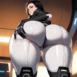 ai_generated black_hair blue_eyes booty bubble_butt catsuit floxin grabbing_ass looking_at_viewer looking_down_at_viewer mass_effect miranda_lawson thick_ass