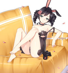 animal_ears babydoll bare_legs bare_shoulders barefoot black_bra black_hair black_panties bra bunny_ears cameltoe choker couch drill_hair feet female flower green_eyes hair_flower hair_ornament kuro_(kuronell) leaning_back legs_up original panties petals ribbon_choker see-through smile solo strap_slip tied_hair toes twin_drills twintails underwear