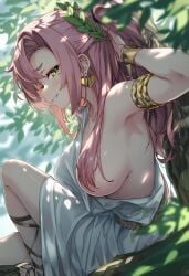ai_generated armpit greek_clothes hair_covering_breasts leaf_background leaves nicole_demara one_arm_up pink_hair raaicave zenless_zone_zero